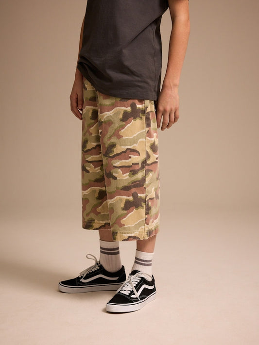 Green/Brown Camoflage Extra Long Jort 100% Cotton Denim Shorts