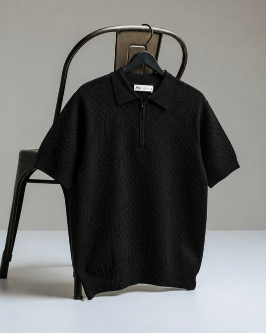 Textured Basketweave Knit Zip Polo – Black
