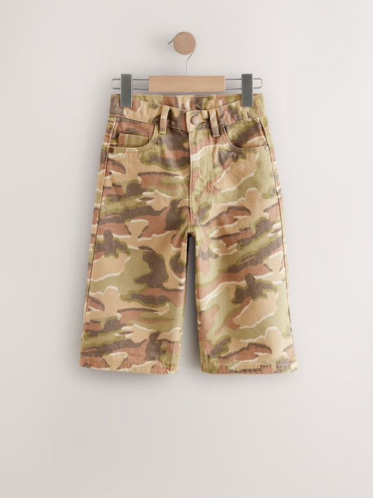 Green/Brown Camoflage Extra Long Jort 100% Cotton Denim Shorts